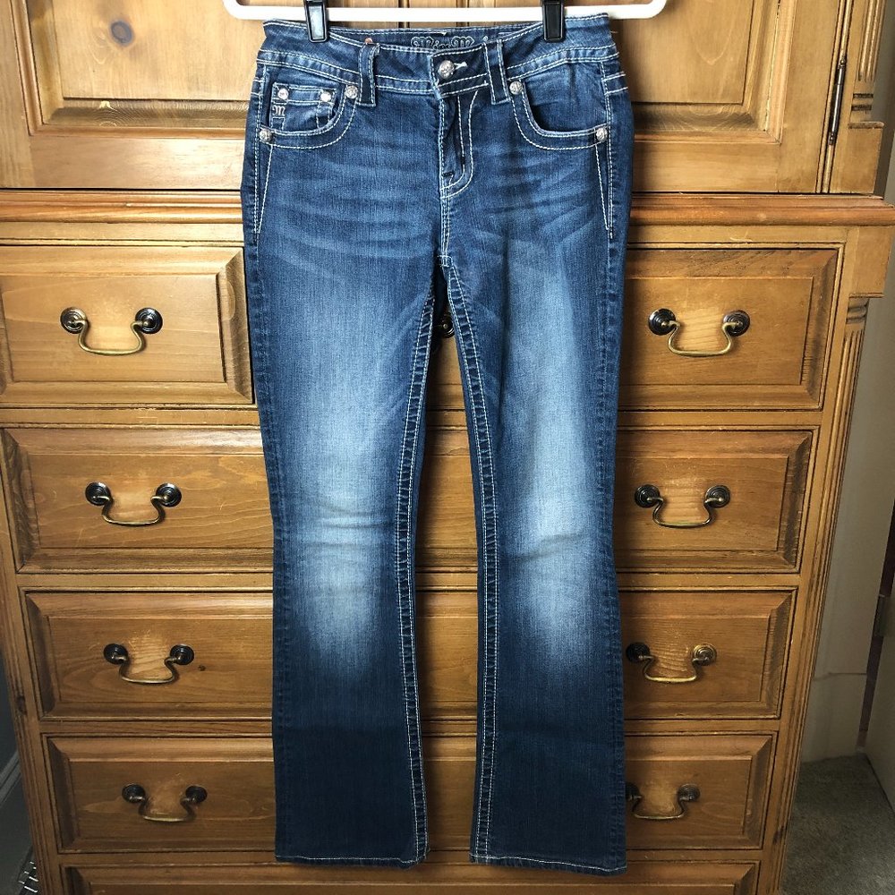 Miss Me Jeans Fleur de Lis Mid Rise Boot Cut Jeans